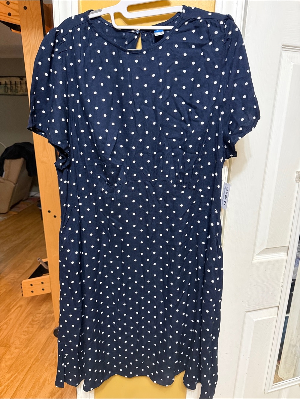 Old Navy Polka Dot Midi Dress XL Navy White Puff Sleeve NWT